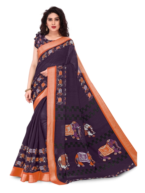 KALINI Purple & Orange Ethnic Motifs Zari Baluchari Polycotton Saree