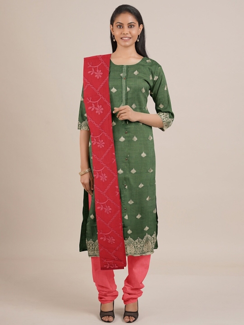 Pothys Green & Pink Embroidered Unstitched Dress Material