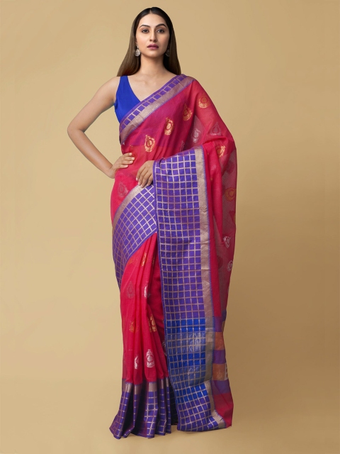 Unnati Silks Red & Blue Woven Design Silk Blend Kota Saree