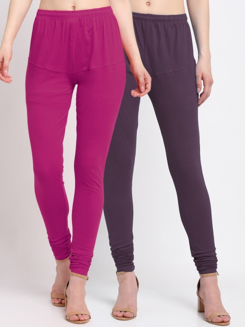KLOTTHE Women Pack Of 2 Solid Churidar-Length Cotton Leggings, Purple
