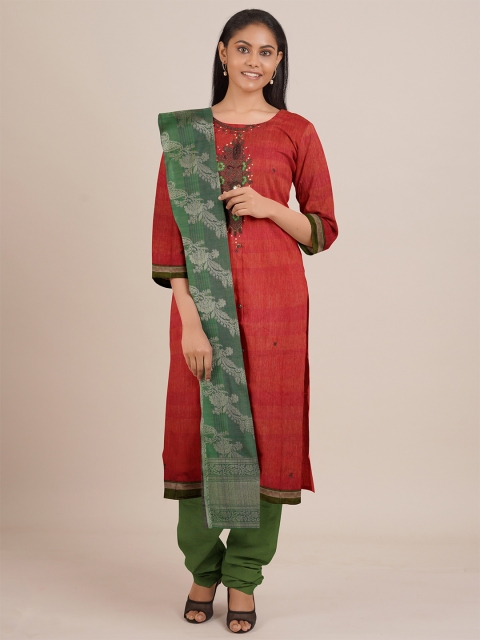 Pothys Red & Green Embellished Unstitched Dress Material