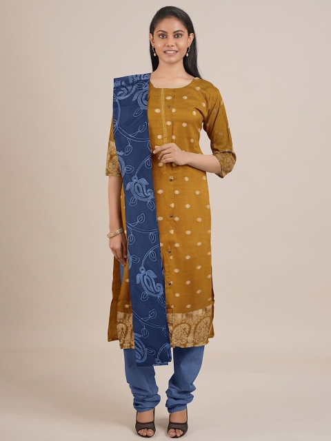Pothys Mustard & Blue Printed Unstitched Dress Material