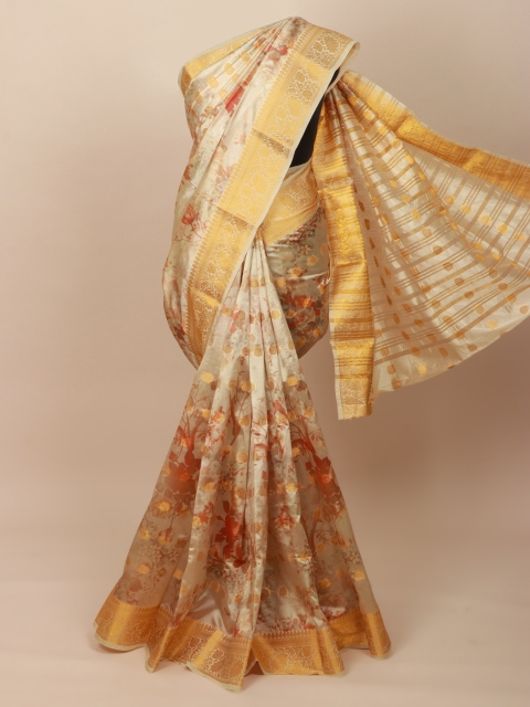 Pothys Cream-Coloured & Gold Floral Art Silk Saree