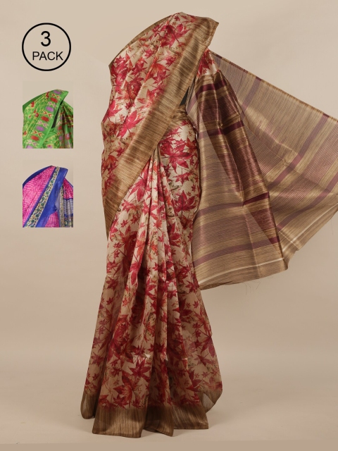 Pothys Pack of 3 Jute Silk Saree, Cream