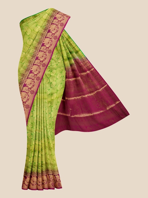 KLM Fashion Mall Green & Purple Woven Design Silk Blend Banarasi Saree