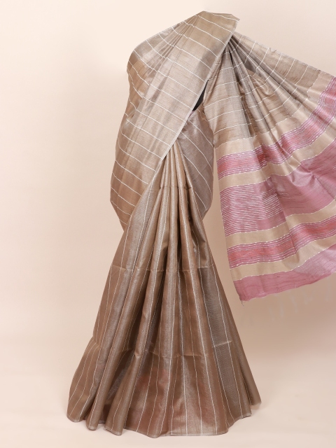 Pothys Grey & Pink Striped Jute Silk Saree