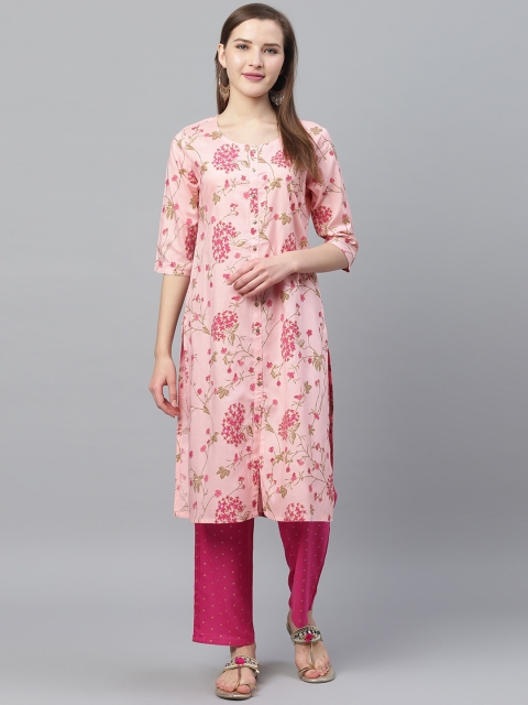 Ishin Women Pink Floral Printed Kurta with Trousers