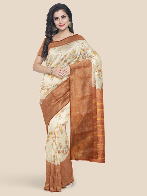 Kalamandir Cream-Coloured & Brown Floral Linen Blend Saree