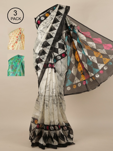 Pothys Pack of 3 Jute Silk Saree, Cream