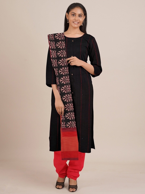 Pothys Black & Red Embroidered Unstitched Dress Material