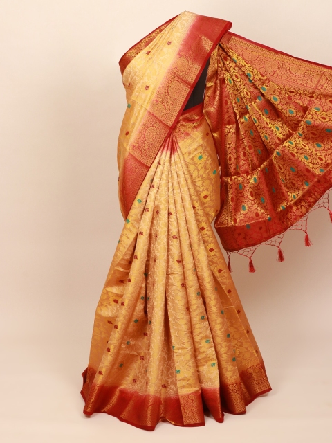 Pothys Cream-Coloured & Red Floral Zari Art Silk Banarasi Saree