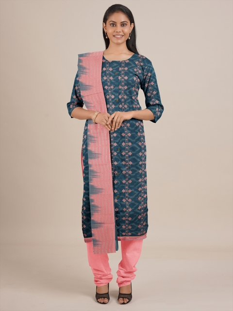 Pothys Blue & Pink Printed Unstitched Dress Material