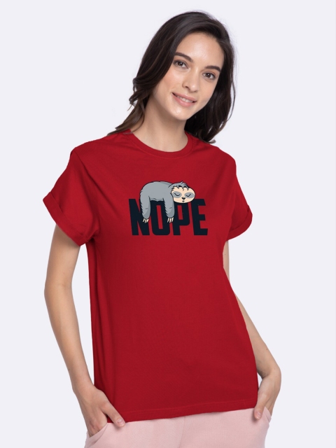 Bewakoof Women Red Pure Cotton Printed Boxy Pure Cotton T-shirt