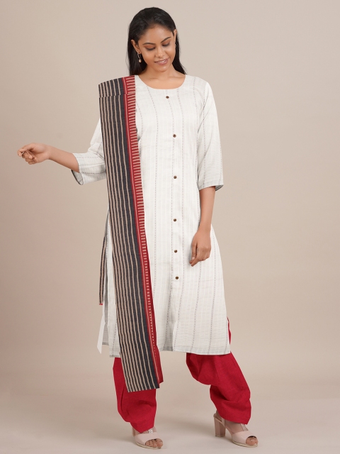 Pothys White & Red Printed Unstitched Dress Material