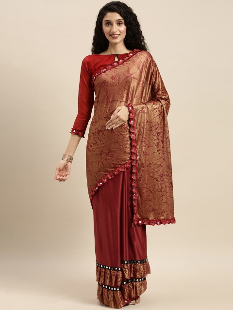 KALINI Maroon & Gold-Toned Embellished Mirror Work Voile Saree