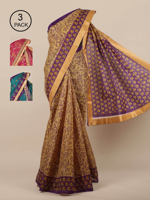 Pothys Cream-Coloured & Pink Pack of 3 Floral Saree