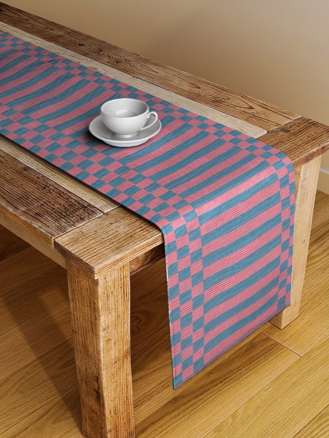 NEUDIS Pink & Blue Striped Hand Woven Cotton Table Runner