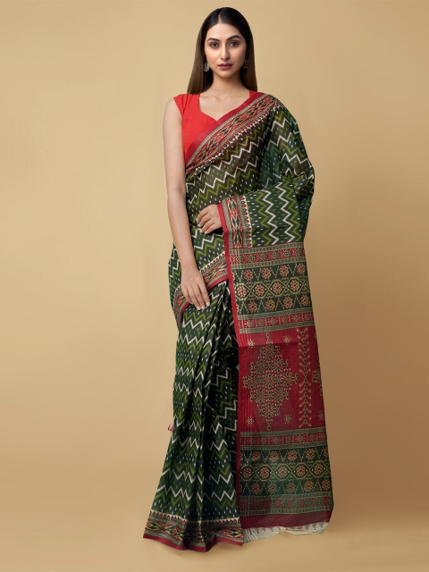 Unnati Silks Women Green & Red Pure Krisha Summer Cotton Sustainable Saree