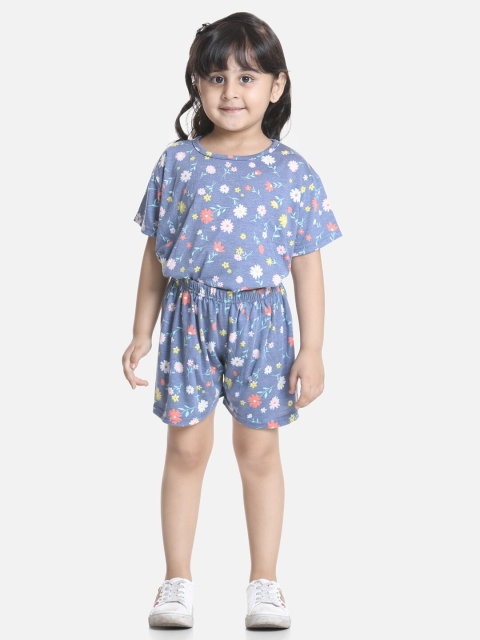 Cutiekins Girls Blue & White Floral Printed T-shirt with Shorts
