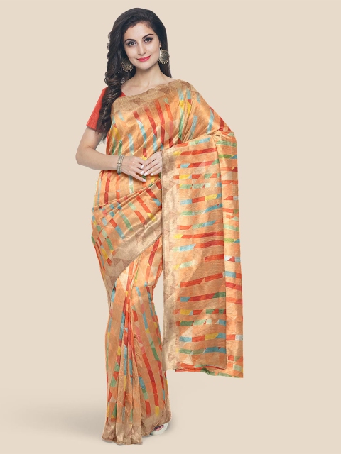 Kalamandir Orange & Pink Striped Linen Blend Banarasi Saree