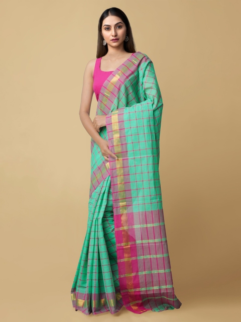 Unnati Silks Women Sea Green & Pink Pure Mangalagiri Cotton Sustainable Saree