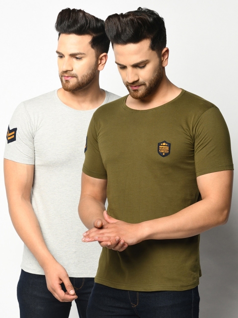 ELEGANCE Men Grey & Olive Green 2 T-shirts