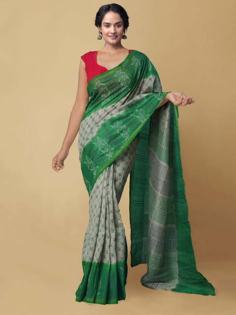 Unnati Silks Women Grey & Green Pure Hand Block Printed Chanderi Sico Sustainable Saree
Unnati Silks Women Grey & Green Pure Hand Block Printed Chanderi Sico Sustainable Saree