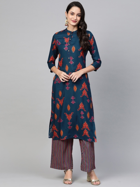 Ishin Women Teal Blue Floral Printed Kurta with Palazzos