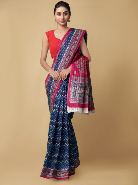 Unnati Silks Blue & Red Floral Pure Cotton Kovai Saree