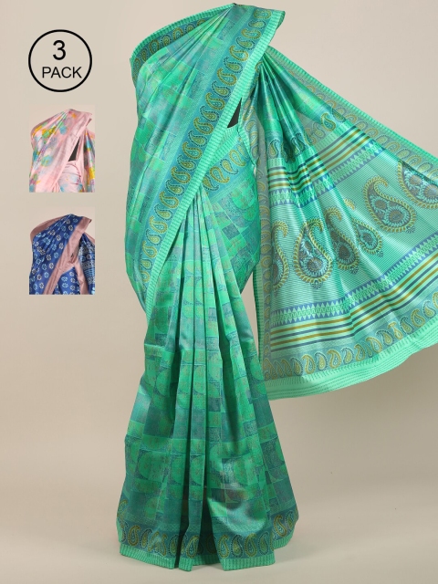 Pothys Pack of 3 Ethnic Motifs Jute Silk Sarees, Green