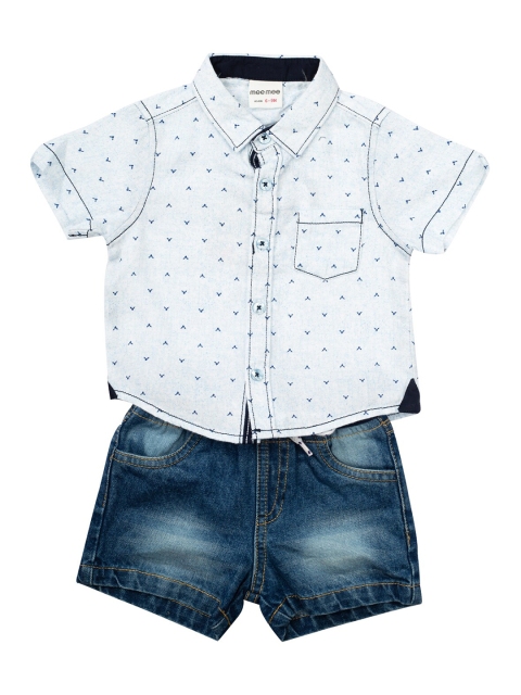MeeMee Boys White & Blue Printed Shirt with Shorts