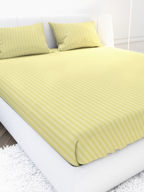 MAYFAIR HOMES LONDON Yellow & Cream-Coloured Striped 300 TC King Bedsheet with 2 Pillow Covers