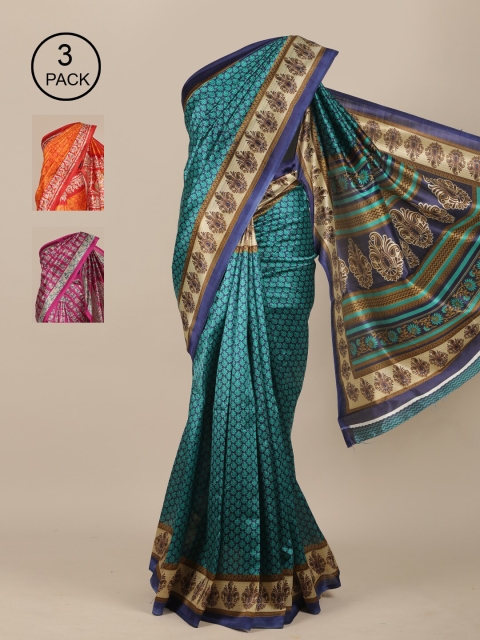 Pothys Blue & Orange Set of 3 Jute Silk Saree