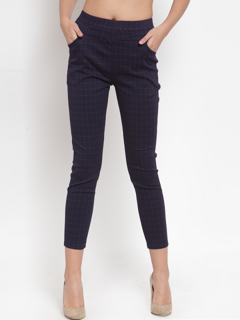 Global Republic Women Navy Blue & Pink Checked Regular-Fit Jeggings