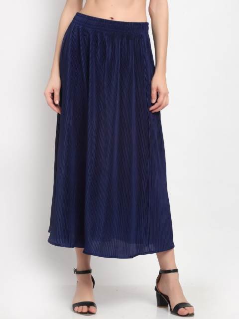 NEUDIS Women Navy Blue Solid Accordion Pleated Flared Maxi Skirt