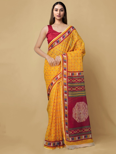 Unnati Silks Women Yellow & Red Pure Hand Block Printed Kota Cotton Saree
