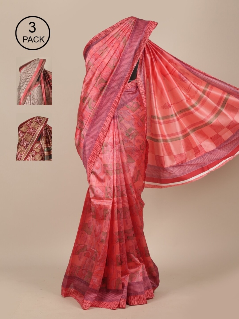Pothys Pack Of 3 Floral Jute Silk Sarees, Pink