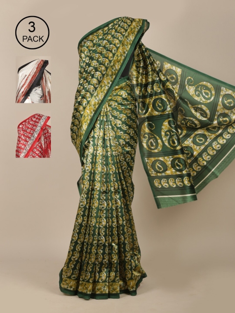 Pothys Pack of 3 White & Red Floral Embroidered Jute Silk Saree