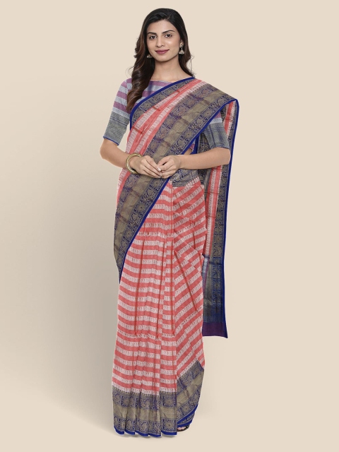Kalamandir Peach & Blue Striped Zari Silk Blend Banarasi Saree