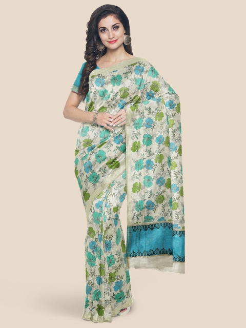 Kalamandir Cream & Turquoise Blue Floral Linen Blend Saree