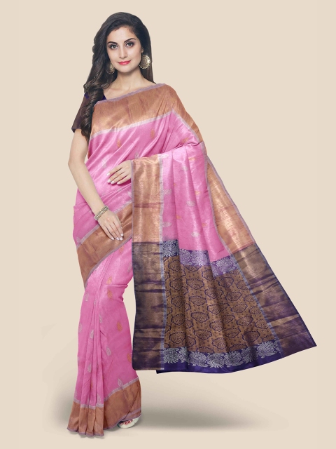Kalamandir Pink & Blue Ethnic Motifs Silk Blend Kanjeevaram Saree