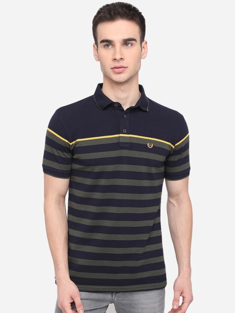 JADE BLUE Men Blue Striped Polo Collar Slim Fit Cotton T-shirt