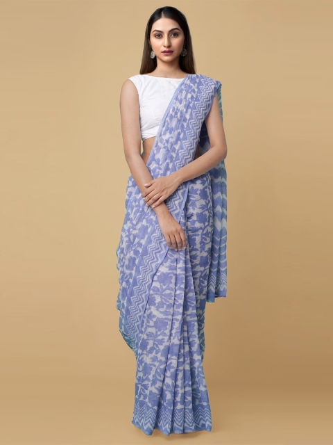 Unnati Silks Violet & White Dabu Zari Pure Cotton Kota Handloom Saree