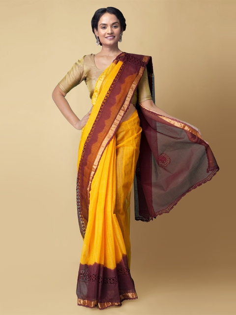Unnati Silks Yellow Checked Pure Cotton Handloom Kota Saree