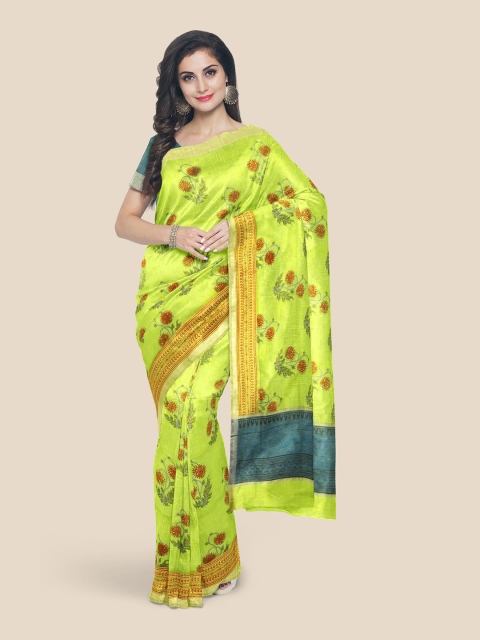 Kalamandir Green & Brown Floral Zari Linen Blend Chanderi Saree