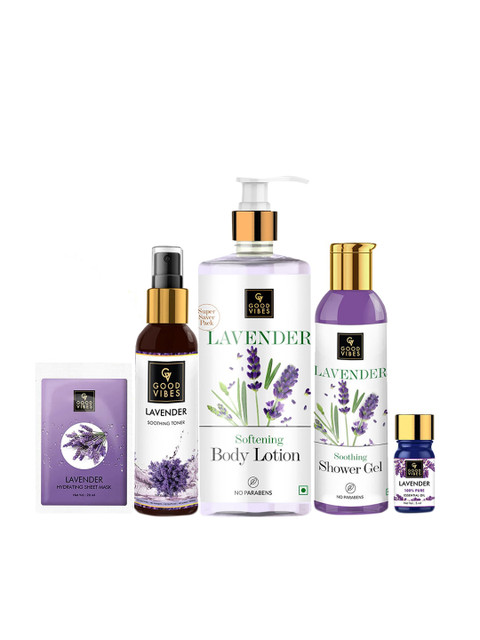 Good Vibes Lavender Delight Combo - Essential Oil, Sheet Mask, Toner , Lotion, Shower Gel, White
Good Vibes Lavender Delight Combo - Essential Oil, Sheet Mask, Toner , Lotion, Shower Gel, White