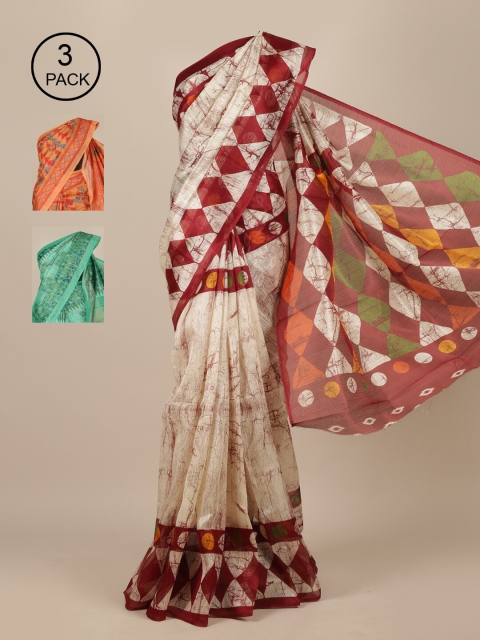 Pothys Pack Of 3 Jute Silk Sarees, Cream