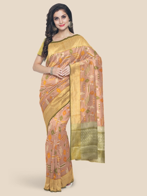 Kalamandir Coral & Green Woven Design Zari Silk Blend Banarasi Saree