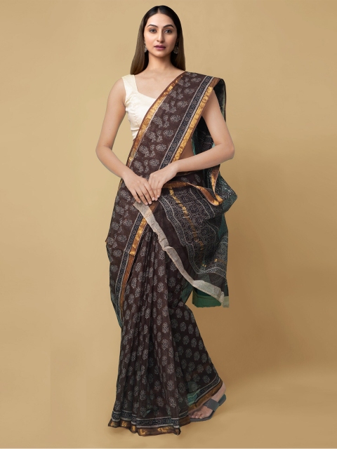 Unnati Silks Brown & White Floral Pure Cotton Handloom Kota Saree