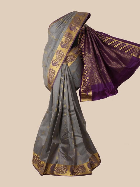 Pothys Grey & Purple Ethnic Motifs Zari Pure Silk Kanjeevaram Saree
